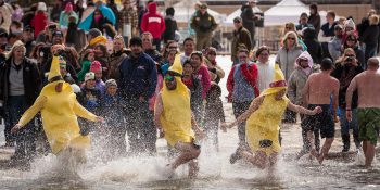 Big Bear Polar Plunge three men dressed in banana costumes in water